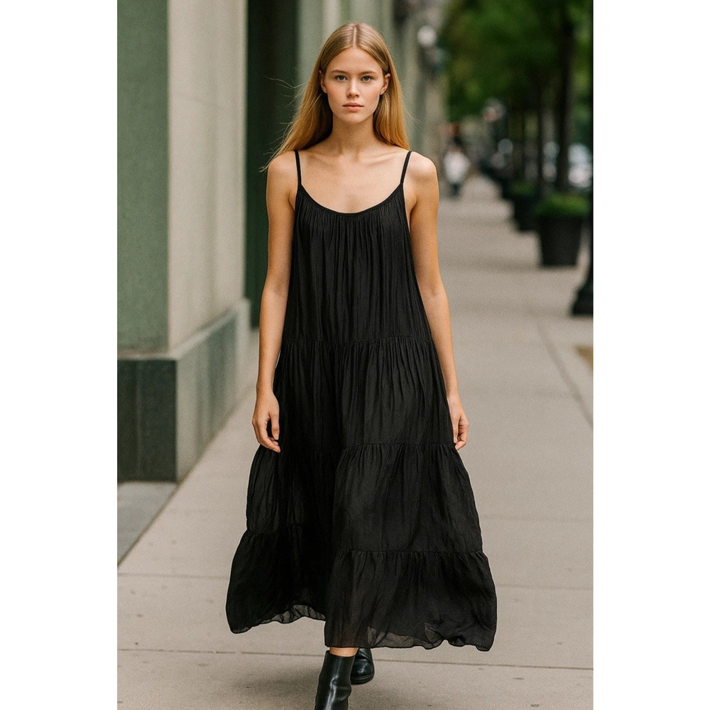 Bellambia Silk Blend Tiered Maxi Dress Medium NEW Lightweight Black Boho Resort